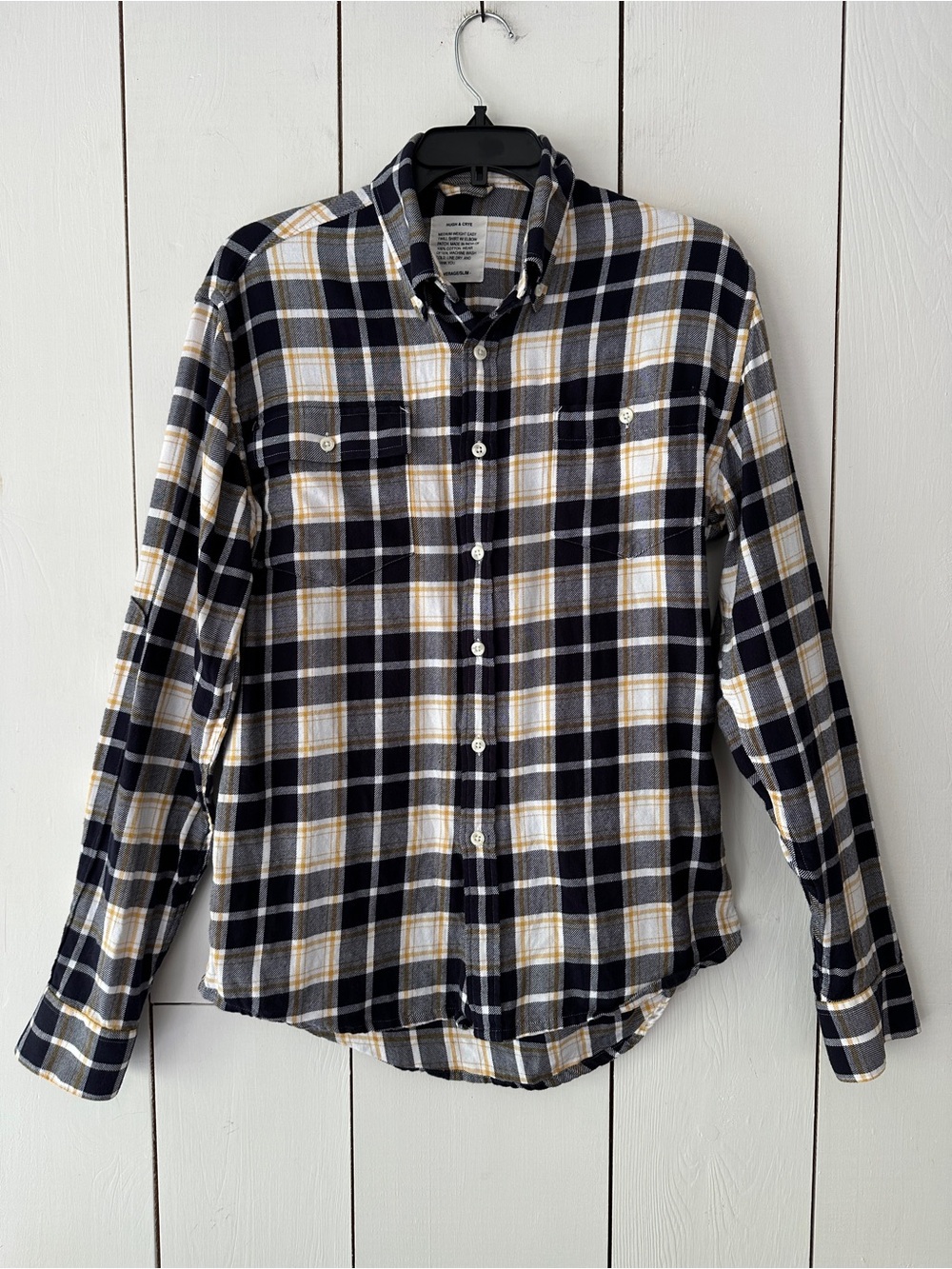 Hugh & Crye Plaid Check Flannel Button-Up Shirt Sz S-M Black Yellow White Cotton